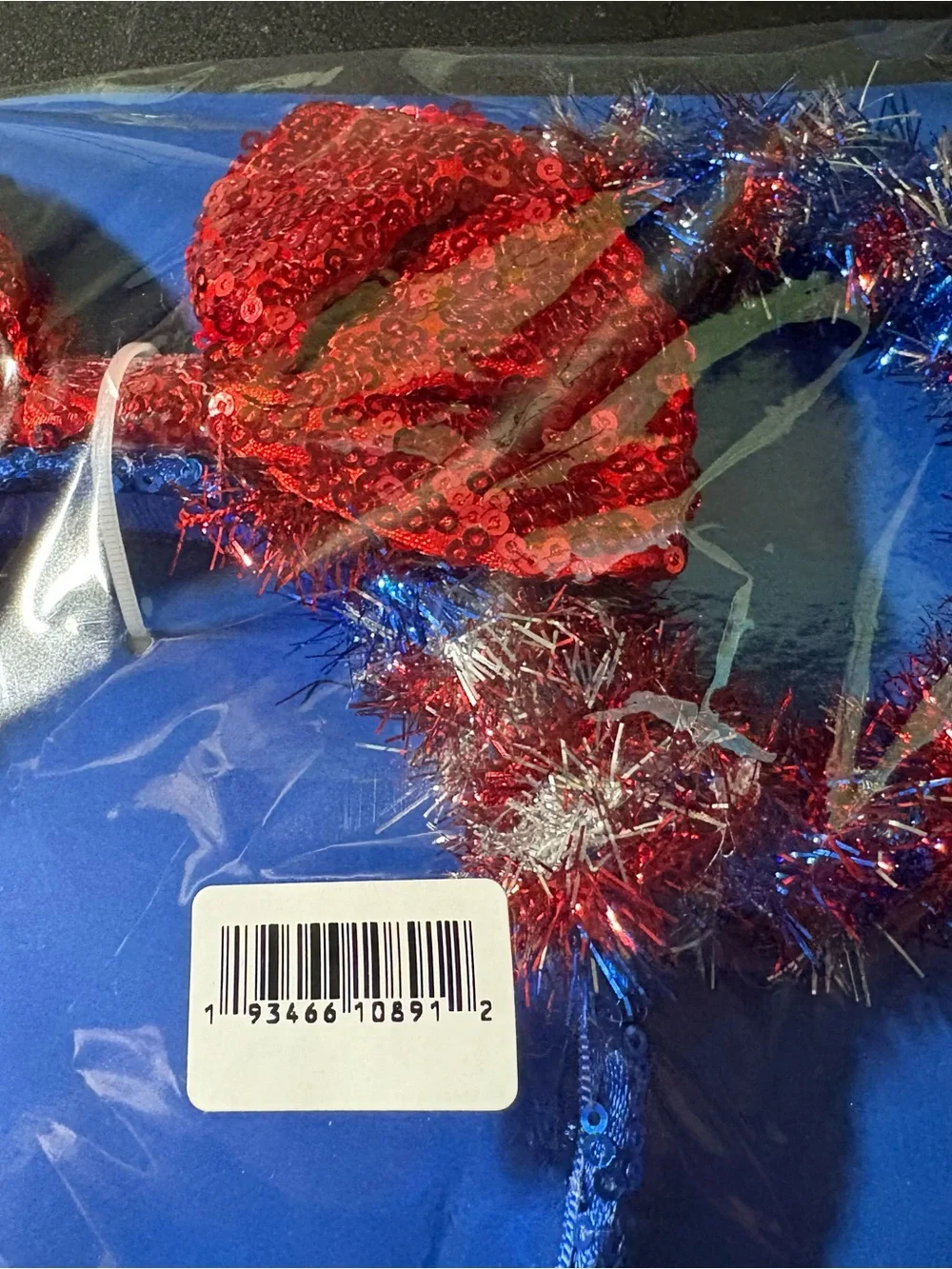 Disney Red Sequin Bow Headband with Blue Tinsel Trim